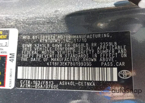 2011 Toyota Camry Le z USA, uszkodzony, nr VIN 4T1BF3EK7BU199395